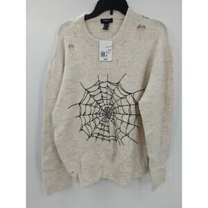 Off White Forever 21 Spider Web Design Distressed Sweater Oversized Fit